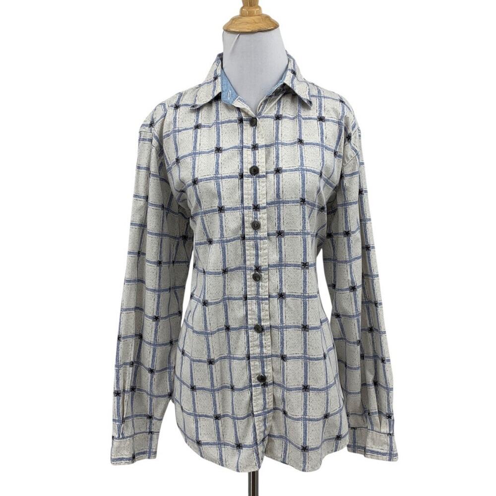 Wrangler Shirt Women L Large Ivory Windowpane Button Up Western Wear